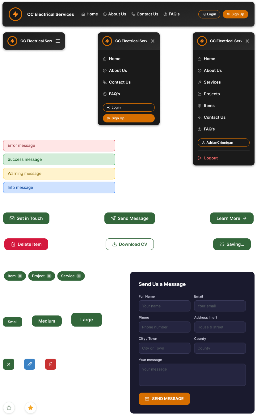 Collage of CC Electrical Services design system components including navigation, alerts, buttons, and a contact form