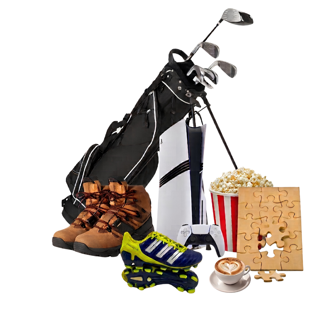 Hobby still life: golf bag and clubs, hiking boots, football boots, PlayStation 5, popcorn, and a jigsaw puzzle