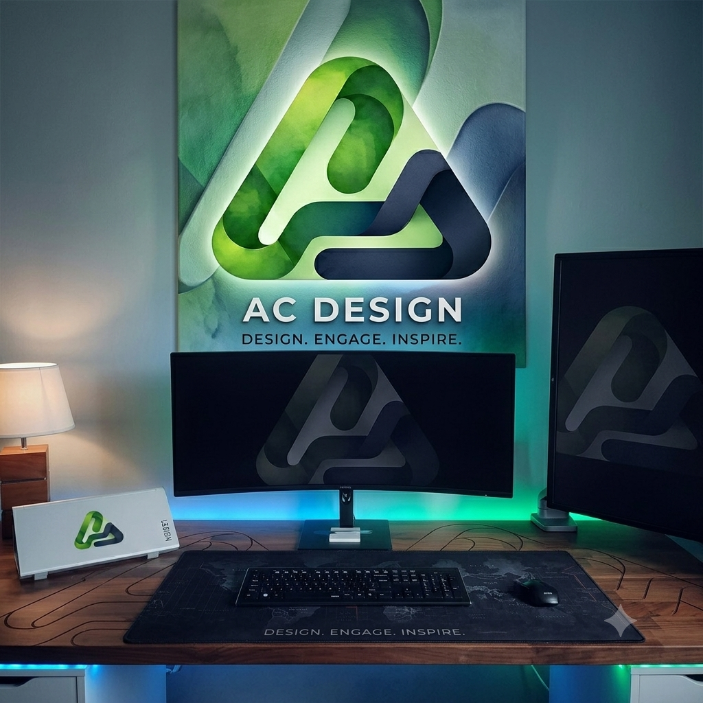 AC Design branded workspace — desk setup with monitors and wall mark