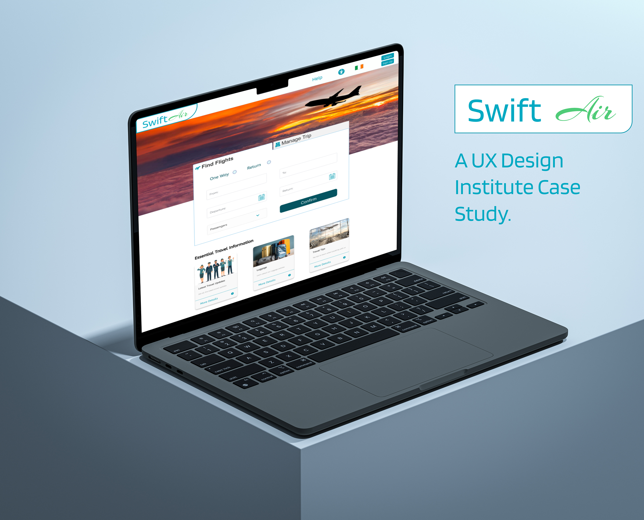 SwiftAir booking website shown on a laptop mockup