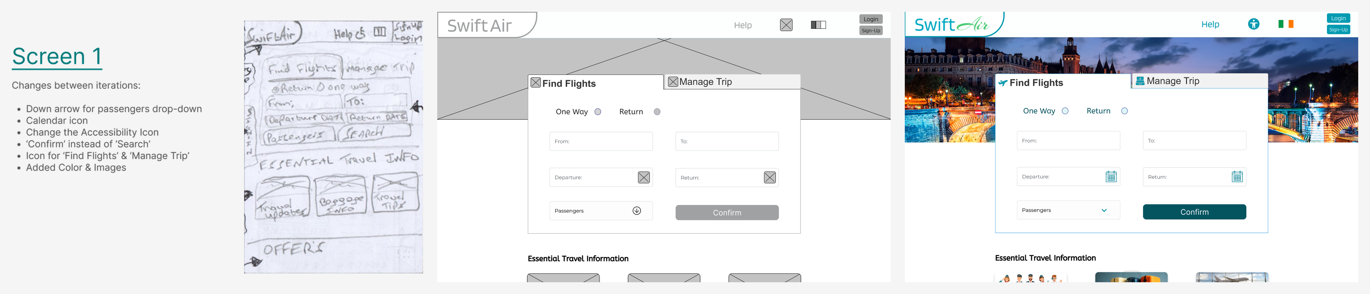 SwiftAir design iteration from sketch to high fidelity — slide 1 of 4