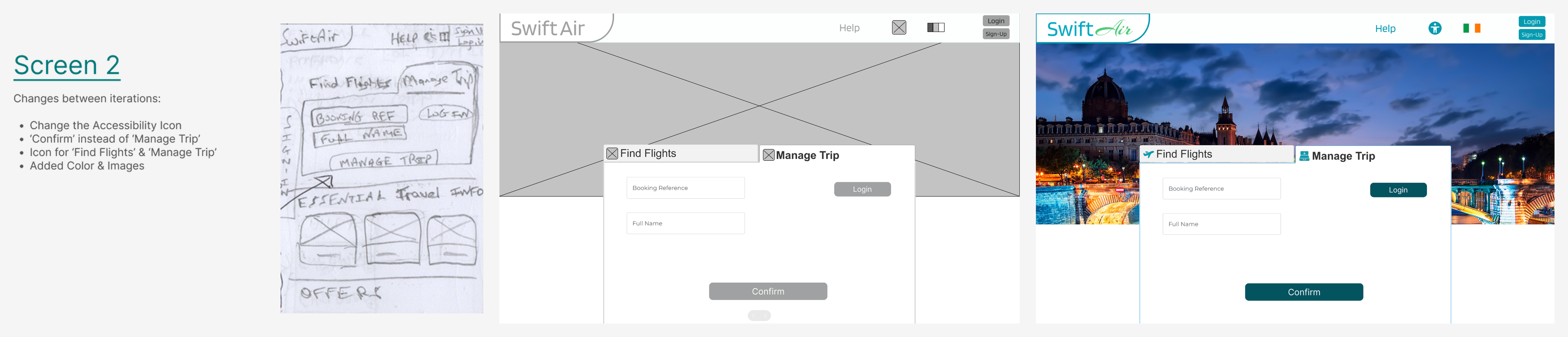 SwiftAir design iteration from sketch to high fidelity — slide 2 of 4