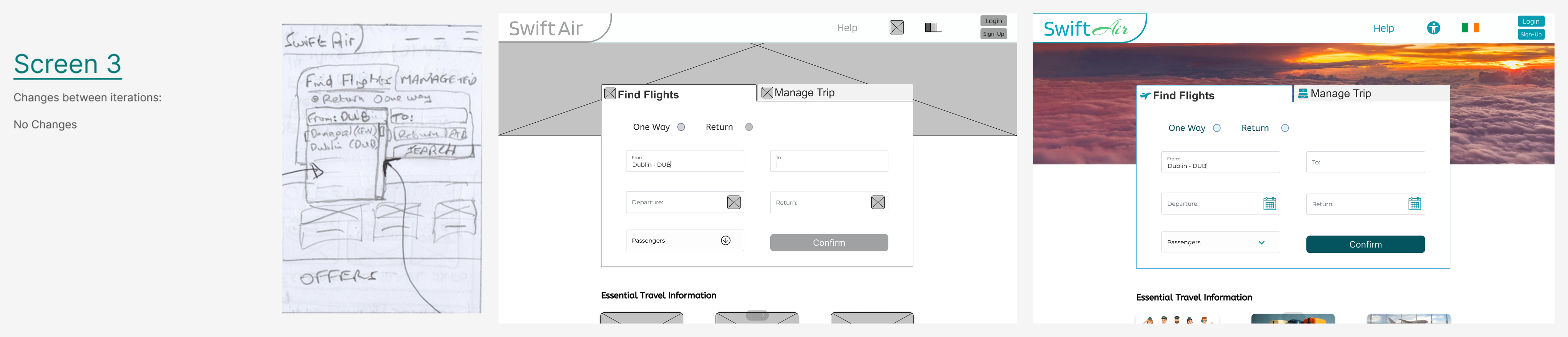 SwiftAir design iteration from sketch to high fidelity — slide 3 of 4