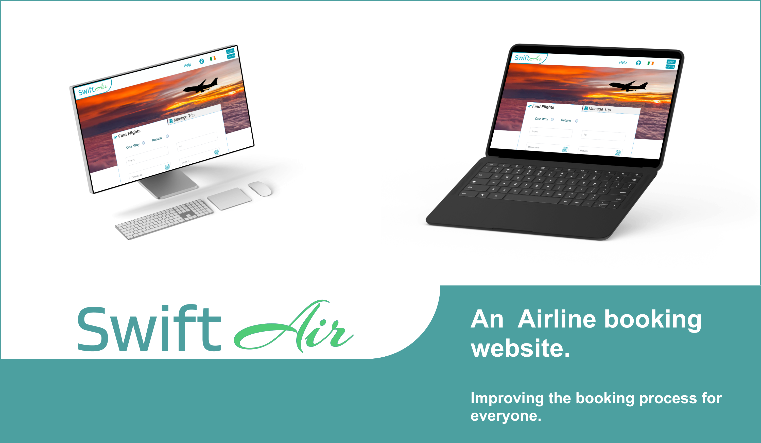 SwiftAir booking interface on desktop and laptop mockups with logo and project slogan